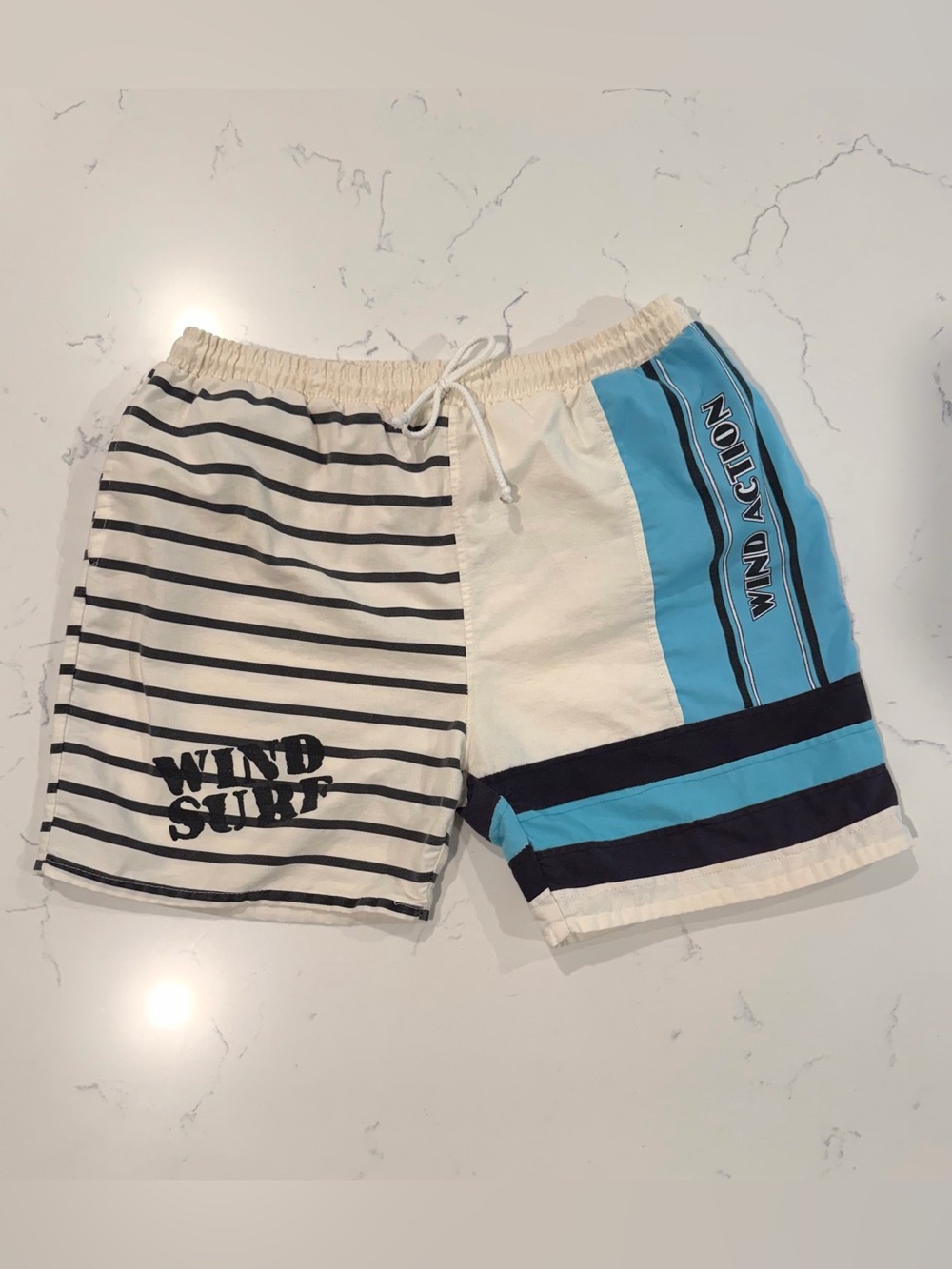 Men’s Vintage Priority Male Wind Surf Board Shorts White Blue Striped Surf Swim